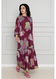 Resim Sevitli Desenli Kuşaklı Viscon Elbise-bordo-4105-bordo Bordo 