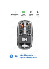 Resim Kablosuz Mouse Fare Şarjlı Bluetooth Wireless Çift Modlu Sessiz 5 Tuşlu Şeffaf Dpı Kontrol Beyaz 001 