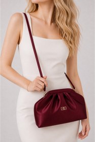 Resim Molie Kadın Bordo Saten Yumuşak Suni Deri Askılı Clutch Abiye Çanta / Portföy Günlük 