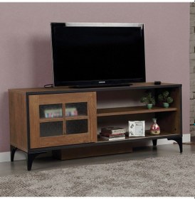 Resim Revival Metal Ayaklı Tv Ünitesi 125Cm Meşe / Cam Sürgülü Kapaklı 