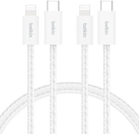Resim Belkin 2'li Örgülü USB-C - Lightning Kablo, 1,5 m, Yumuşak, Esnek ve Hızlı Şarj Kablosu, iPhone 14 ve Önceki Modeller, 9. Nesil iPad ve AirPods ile Uyumlu, Beyaz 