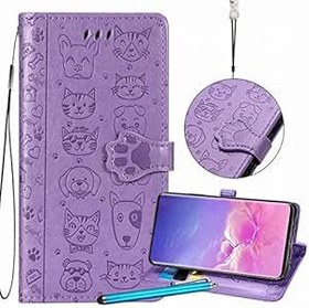 Resim Yiizy Samsung Galaxy A70 A705F Kılıfı, Kediler ve Köpekler için Kılıf Galaxy A70 için Deri Cüzdan Kapaklı Kılıf Destek Kart Yuvalı Manyetik Koruyucu Kılıf Tampon Kılıfı (Mor) 