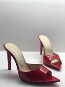 Resim HAYYSHOES Kadın Kırmızı Hakiki Deri Astarlı Topuklu Terlik 