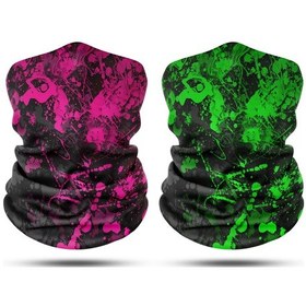 Resim Dair Pembe Yeşil Boya Desenli 2'li Set Boyunluk Bandana Outdoor Balaklava Yüz Maskesi Kafa Bandı 