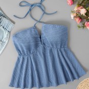 Resim İlkbahar, Yaz, Sonbahar için Rahat Kısa Kollu Örgü İşlemeli Halter Yaka Polyester Üst, Etek Uçlu 