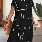 Resim Kadınlar İçin Büyük Beden Günlük Desenli Kısa Kollu Elbise - Siyah Beyaz Çizgili Abstrakt, Yuvarlak Yaka, Hafif Polyester, İlkbahar/Yaz Koleksiyonu 