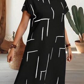 Resim Kadınlar İçin Büyük Beden Günlük Desenli Kısa Kollu Elbise - Siyah Beyaz Çizgili Abstrakt, Yuvarlak Yaka, Hafif Polyester, İlkbahar/Yaz Koleksiyonu 