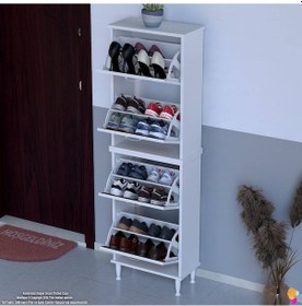 Resim Modilayn Umay' 2 Li Kapı Önü 52x 168x25, 5 Cm Lik 4 Düşer Kapak 8 Göz Bölmeli Ayakkabılık Beyaz - Ceviz 