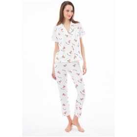 Resim Cottonhill Premium Kadın Pijama Takımı Ayıcık Desenli Yumuşak Dokulu Kısa Kollu Gömlek Yaka Krem 