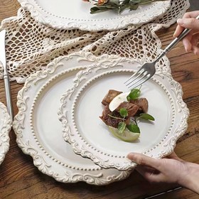 Resim 1 Vintage Barok Tarzı Seramik Yemek Tabakası - Şık Fransız Kabartmalı İnci Nokta Tasarımı, Kahvaltı, Pastane, Düğün Resepsiyonları & Lüks Restoranlarda Steak Yemeği İçin İdeal 
