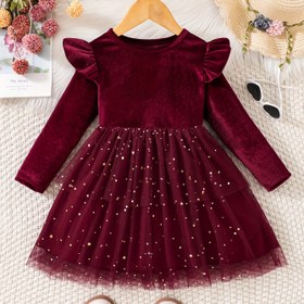 Resim Yıldızlı Dantel Etek ve Uçan Kollu Genç Kız İlkbahar ve Sonbahar Elbisesi 