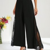 Resim Kadınlar İçin Şık Yüksek Bel Geniş Paça Pantolon Kontrast Dantel Detaylı - Siyah, Bol Kesim, İlkbahar/Yaz/Sonbahar İçin Mükemmel, Makinede Yıkanabilir Polyester, İlkbahar Yaz Pantolonu | Şeffaf Etek Kenarı | Polyester Pantolon 