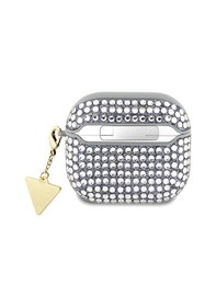 Resim Apple Uyumlu AirPods 4 Kılıf Guess Lisanslı Full Taşlı Üçgen Logo Süs Zincirli Luxury Kılıf Gümüş 