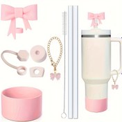 Resim 40oz Tumbler Bardak için 9 parça Aksesuarlar, 3 adet Dökülmez Tıpa, 10mm Saman Kapları için 1 adet Pipet Kapağı, 1 adet Silikon Bot, 2 adet Charm Zinciri ve 1 adet Fırça 