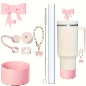 Resim 40oz Tumbler Bardak için 9 parça Aksesuarlar, 3 adet Dökülmez Tıpa, 10mm Saman Kapları için 1 adet Pipet Kapağı, 1 adet Silikon Bot, 2 adet Charm Zinciri ve 1 adet Fırça 