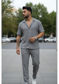 Resim Fifty Color Unisex Trend Bürümcük Krinkıl Kumaş Yazlık Likralı Kısa Kol Gömlek Ve Eşofman Takım Gri 