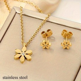 Resim 3 Parça Avrupa ve Amerikan Paslanmaz Çelik Düzensiz Taşlı Çiçek Desenli Kolye Küpe Seti, Zarif Vintage Üçlü Takı Aksesuarları, Uniseks Hediye Seçeneği 