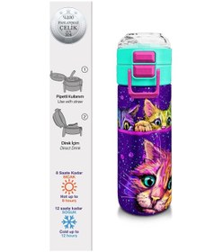 Resim Coral High Kids Mor Pembe Kedi Desenli Pipetli Ve Direkt İçim Çelik Termos 500 Ml 31939 Mor - Açık Pembe 