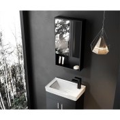 Resim Taç Dekorasyon Tek Kapaklı Aynalı Siyah Banyo Dolabı Üst Modülü 
