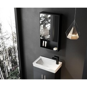 Resim Taç Dekorasyon Tek Kapaklı Aynalı Siyah Banyo Dolabı Üst Modülü 