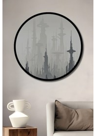 Resim Fütüristik Şehir Manzarası Dijital Baskı Ahşap Tablo Yuvarlak Duvar Tablosu Çerçeve Görünümlü--- 45 X 45 