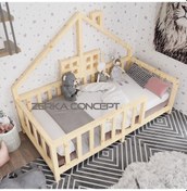 Resim Tesla İthal Ladin Doğal Ahşap Çatılı Montessori Karyola 80*130 cm 