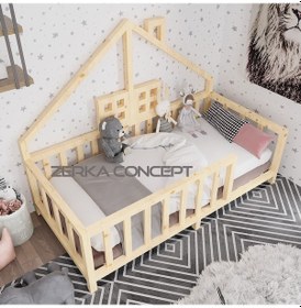 Resim Tesla İthal Ladin Doğal Ahşap Çatılı Montessori Karyola 80*130 cm 