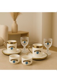 Resim 2 Kişilik Porselen Nazar Göz Platin Yaldız Fincan Takımı Seti Ve 2 Porselen Lokumluk Ve 2 Cam Bardak Altın - Beyaz 