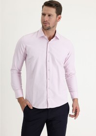 Resim Toz Pembe Uzun Kol Slim Fit Dar Kesim Klasik Desenli Pamuklu Kolay Ütülenebilir Gömlek 