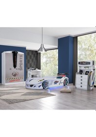 Resim Setaymobilya Sports Çocuk Odası, Jaguar Araba Dolap Masa Şifonyer - Beyaz 