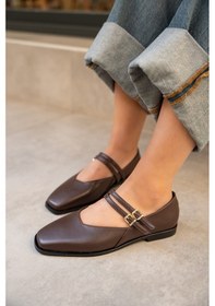 Resim Jadon Acı Kahve Deri Kadın Çift Toka Detaylı Babet Acı Kahverengi 