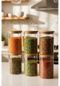 Resim Snippy Melo - 6'lı Bambu Vakum Kapaklı Büyük Boy Cam Saklama Kabı Seti Bakliyat Erzak Kavanozu 1050 Ml Şeffaf 