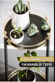 Resim Bino Servis Sunum İkramlık Kek Pasta Standı Sunumluk Lüks Metal Gold 2 Katlı Tepsi Servis Arabası 