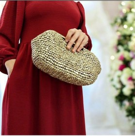Resim Kemzey Handmade Parlak Tutmalı El Çantaları , El Yapımı Işıltılı Clutch, Örgü El Çantası Altın 