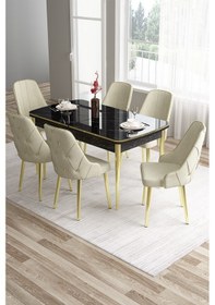 Resim Canisa Tia Serisi 80x132 Açılabilir Mdf Siyah Mermer Desen Gold Detay Masa Takımı Ve 6 Krem Sandalye Masa Siyah Mermer Desen Sandalye Krem 