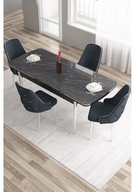Resim Canisa Tia Serisi 80x132 Açılabilir Mdf Siyah Mermer Desen Krom Detay Masa Takımı Ve 4 Antrasit Sandalye Masa Siyah Mermer Desen Sandalye Antrasit 