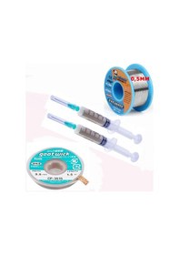 Resim Dörtlü Set Flux,lehim Emme Tel 3,5mm Ve Lehim Teli Soldering 63sn/37pb Flux %1-3 40gr 0,5mm 