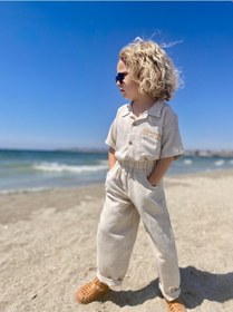 Resim Cebi Nakışlı Gömlek Pantolon Keten Erkek Çocuk Takım Natural 