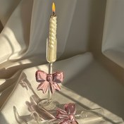Resim Şık Pembe Fiyonk Cam Mum Tutucu - Noel, Sevgililer Günü, Şükran Günü ve Aile Toplantıları için Romantik Vintage Masaüstü Dekorasyonu, Dekoratif Fiyonk Vurgulu Cilalı Cam, Noel Mumu 