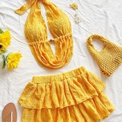 Resim Kadınlar için V yaka sırtı açık bralette ve mini etek 2'li set, tatil, buluşmalar, öğleden sonra çayı, müzik festivalleri, bohem tarzı, bahar/yaz 