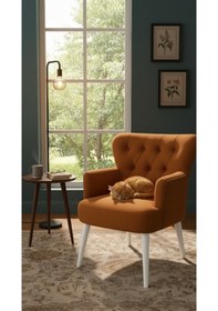 Resim Waterybrook Tekli Berjer Koltuk - Kapitoneli Babyface Kumaş - Beyaz Ahşap Ayaklı - Retro Modern Tasarım Kahverengi 