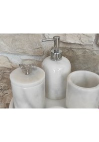 Resim Beyaz Gri Damarlı Mermer Kelebek Gümüş Rengi Aksesuarlı 5'li Banyo Seti Beyaz 
