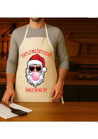 Resim Yılbaşı Mutfak Önlüğü Yeni Yıl Noel Baba Beni Öp Tasarımlı Önlük Çok Renkli 