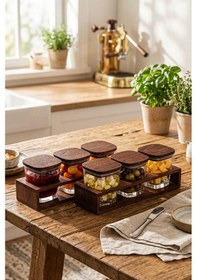 Resim Prime - 8 Parça Ahşap Standlı Vakumlu Kapaklı Cam Kahvaltılık Baharatlık Çok Amaçlı Cam Çerezlik Kahvaltı Takımı 300 Ml Kahverengi 
