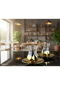 Resim Rova Tr Amber Lüks 6 Kişilik Cam Çay Seti - 12 Parçalık Çeyizlik Modern Tasarım Altın 