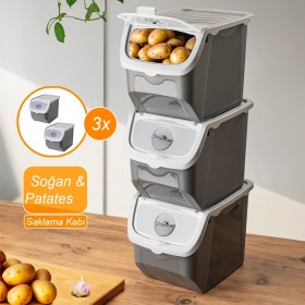 Resim Porsima Coral 3'lü Çok Amaçlı Plastik Patates Soğan Sarımsak Saklama Kutusu 12 lt Gri 