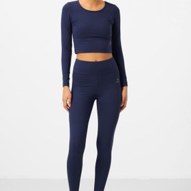 Resim TOMMYLIFE İndigo Yüksek Bel Uzun Kollu Slim Fit Crop Top Kadın Tayt Takım - 95286 
