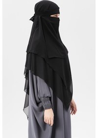 Resim Hazır Pratik Şifon Üç Katlı Peçeli Üçgen Hac Umre Şalı Sufle Hijab Nikap Siyah 