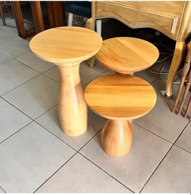 Resim Ahşap 3 Lü Set Fitilli Mantar Yan Sehpa Modern Fiskos / Çiçeklik / Zigon Sehpa Kahverengi 