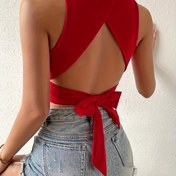 Resim Düz Renk Bisiklet Yaka Atlet, Her Gün İçin Zarif Fiyonk Geri Kolsuz Atlet, Kadın Giyim 